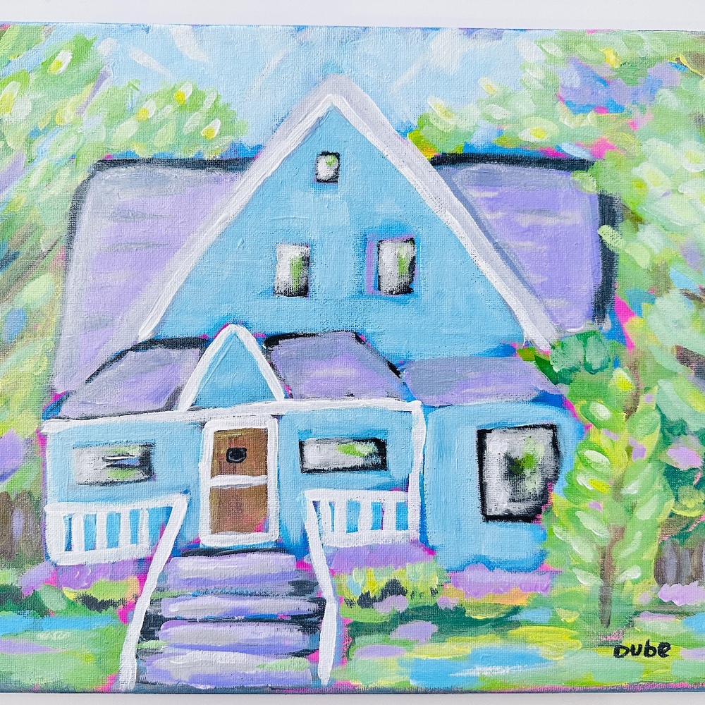 Original Painting Blue House Architectural Landscape Impressionistic OOAK 11x14"